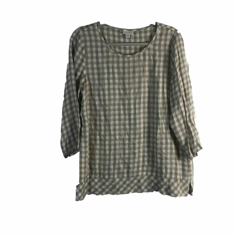 J Jill M Medium Shirt Top Womens Beige Plaid Flowy Tencel Blouse Tunic Spring